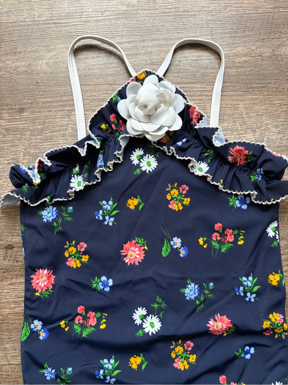 🌸$10 SALE 🌸 Girls Navy Floral Ruffle One-Piece Swimsuit with White Flower - Picture 2 of 4